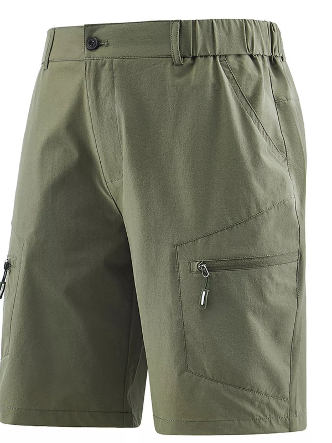 Men's army green outdoor shorts with zipper pockets and a drawstring waist.