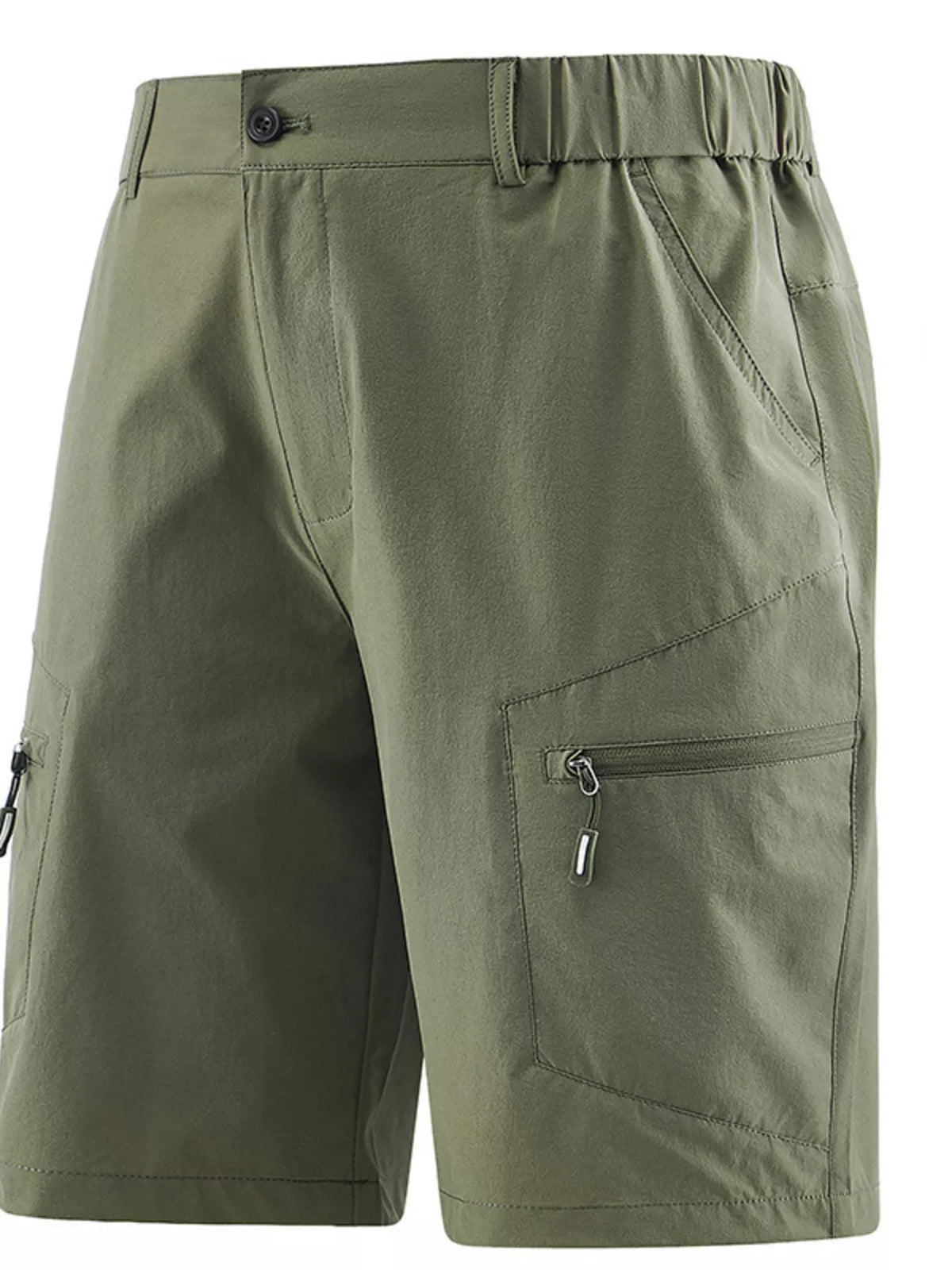 Men's army green outdoor shorts with zipper pockets and a drawstring waist.
