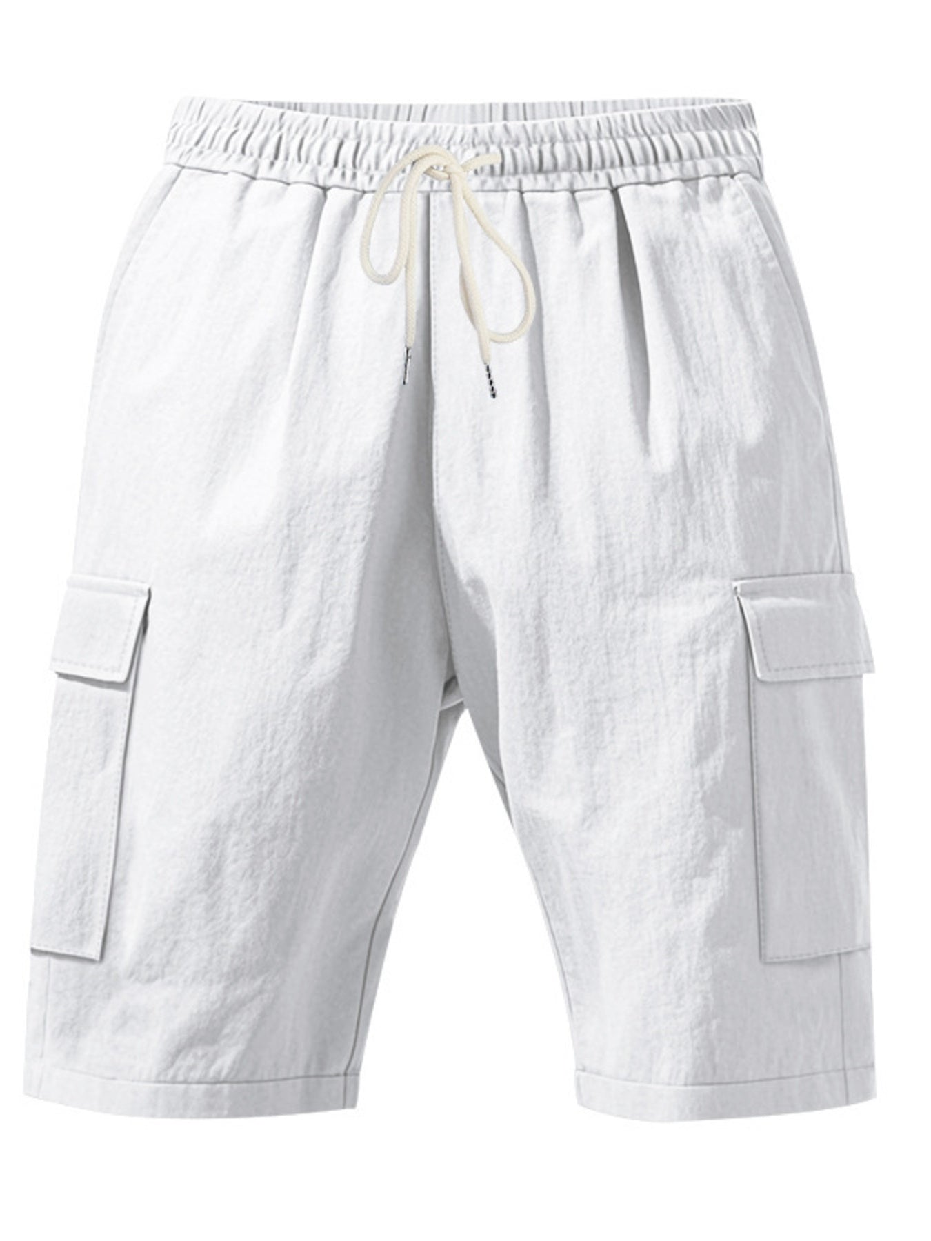 Men's white lightweight cargo shorts with a drawstring waist and pockets.