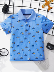 Blue children's short sleeve polo shirt with a small excavator and tractor print