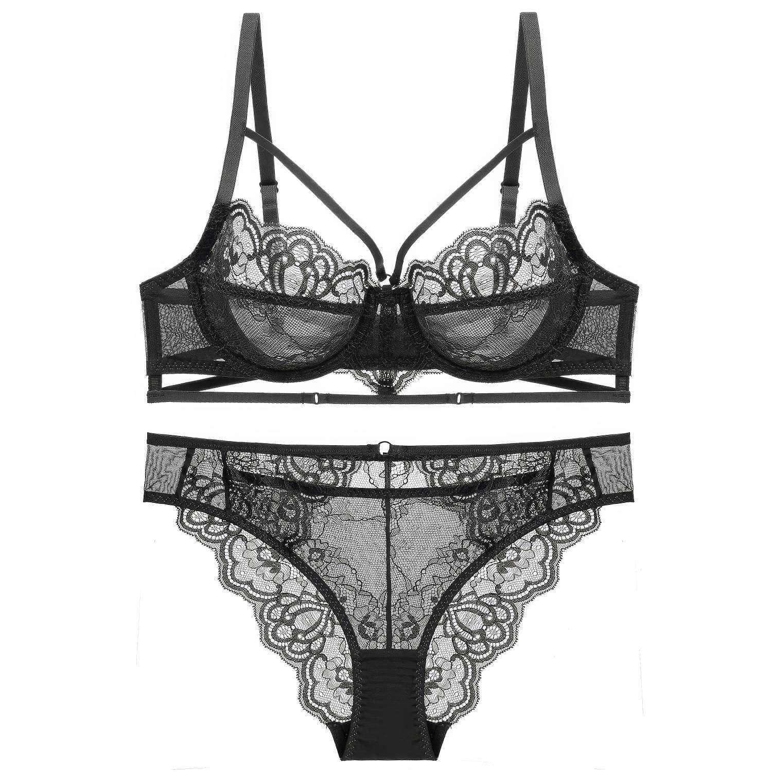 Fine Trimmed Lace Mesh Boudoir Bra Panty Set 70A / Black