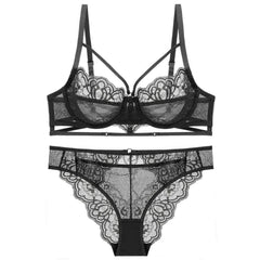 Fine Trimmed Lace Mesh Boudoir Bra Panty Set 70A / Black