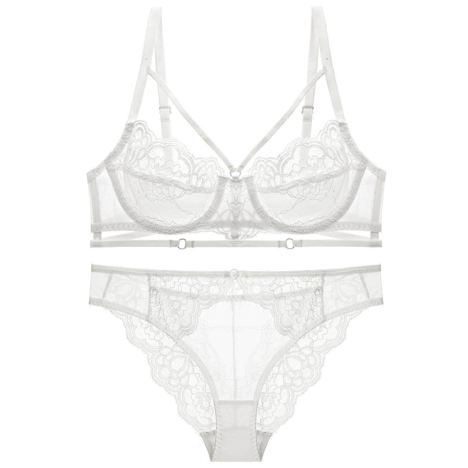 Fine Trimmed Lace Mesh Boudoir Bra Panty Set 70A / White