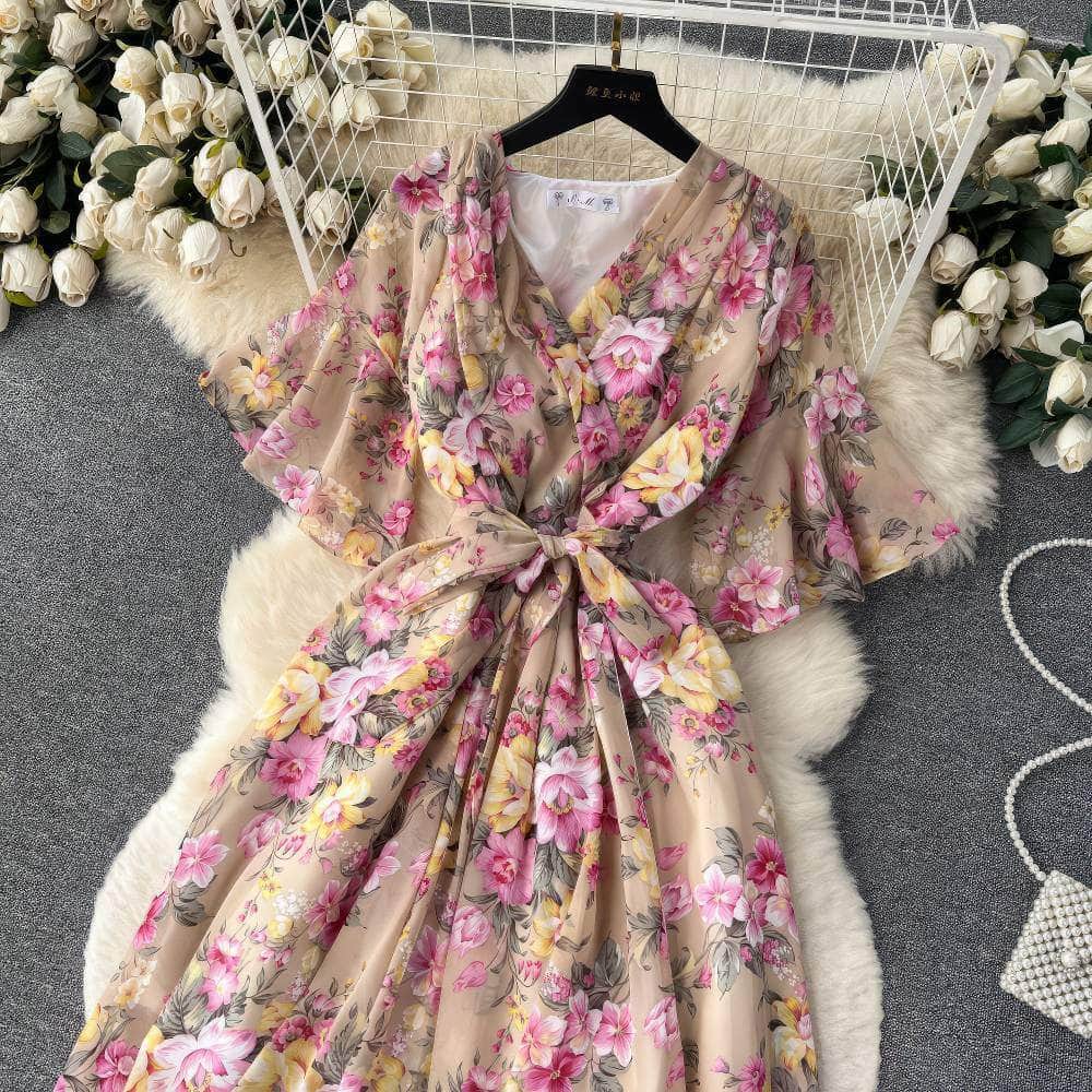 Flared Sleeves Irregular Hem Floral Print Chiffon Dress