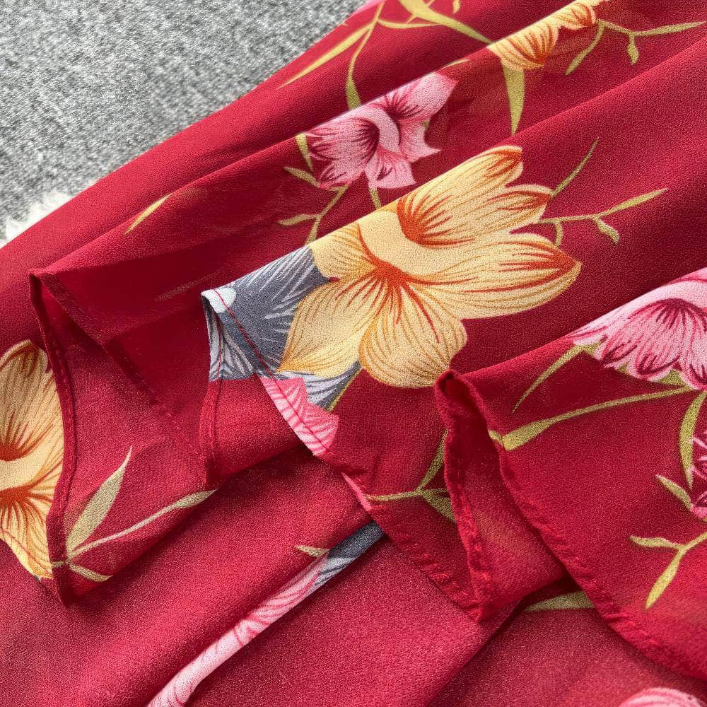 Flared Sleeves Irregular Hem Floral Print Chiffon Dress