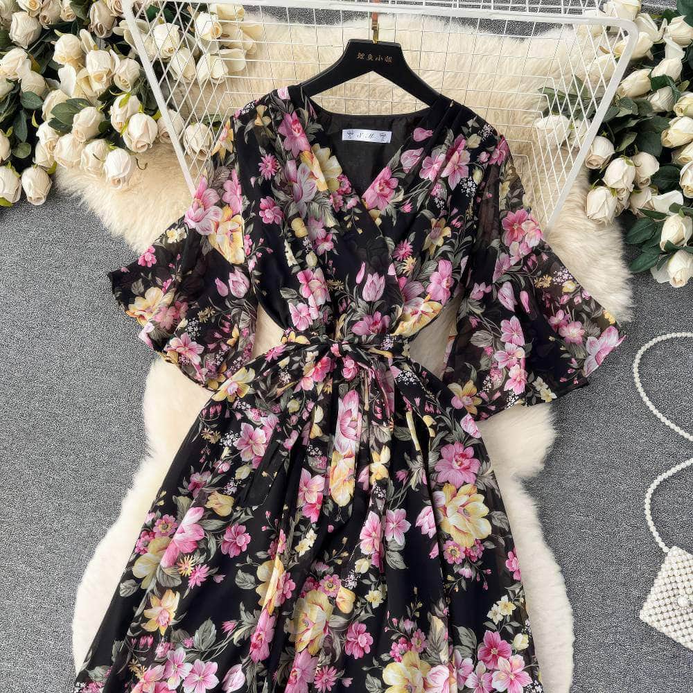 Flared Sleeves Irregular Hem Floral Print Chiffon Dress