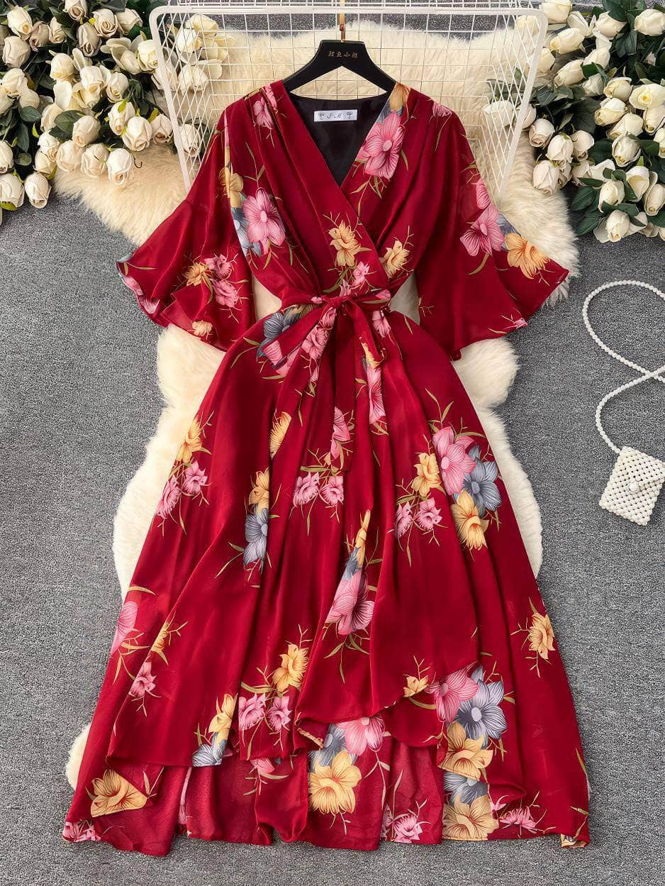 Flared Sleeves Irregular Hem Floral Print Chiffon Dress MAX SIZE / DarkRed