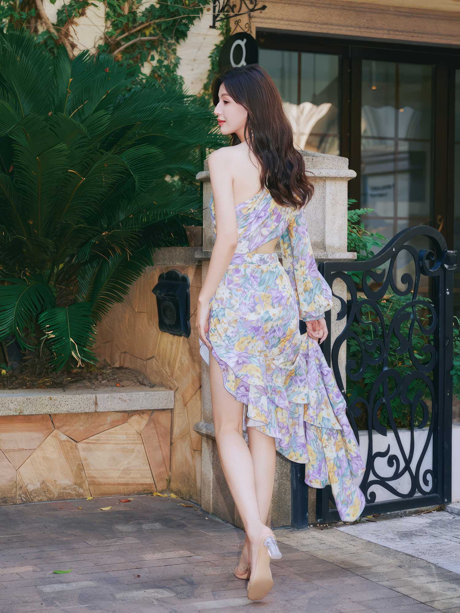 Floral Asymmetrical Cut Out Ruffle Dress