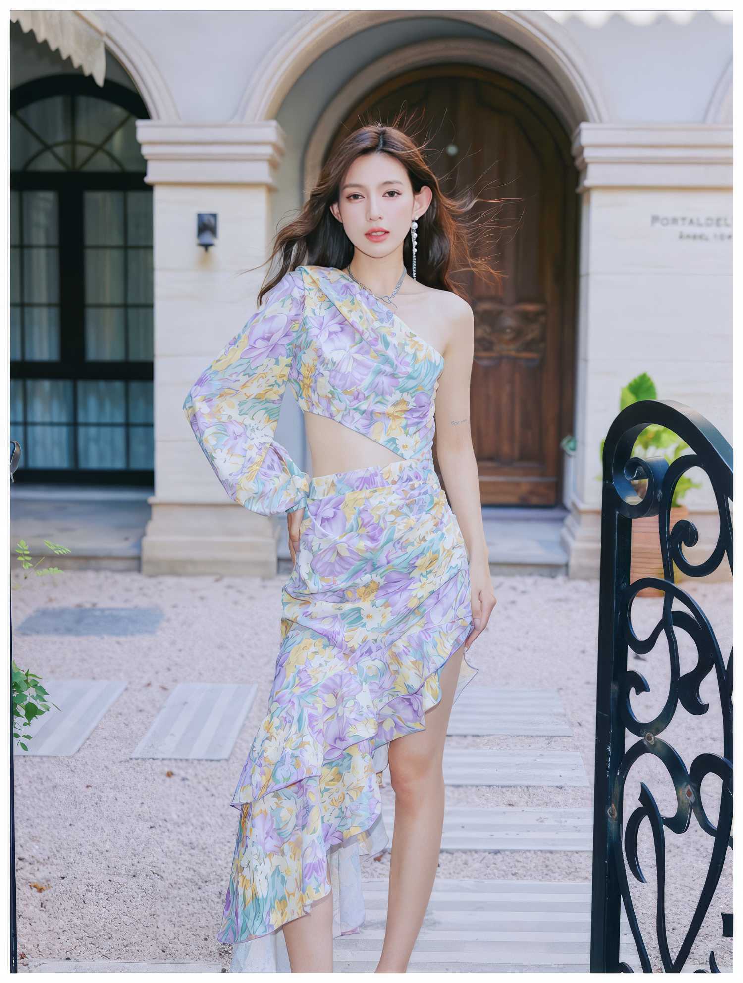 Floral Asymmetrical Cut Out Ruffle Dress