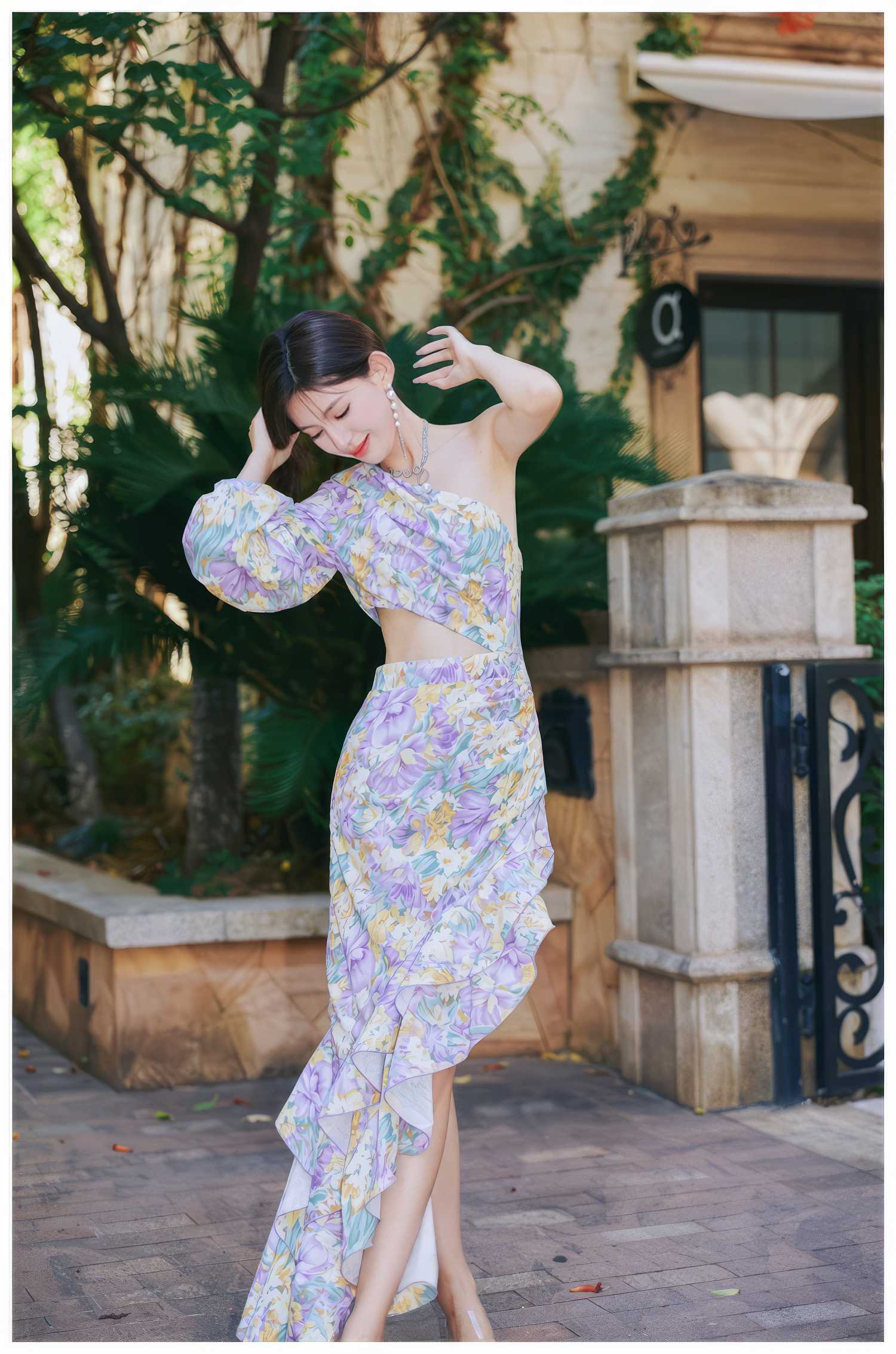 Floral Asymmetrical Cut Out Ruffle Dress