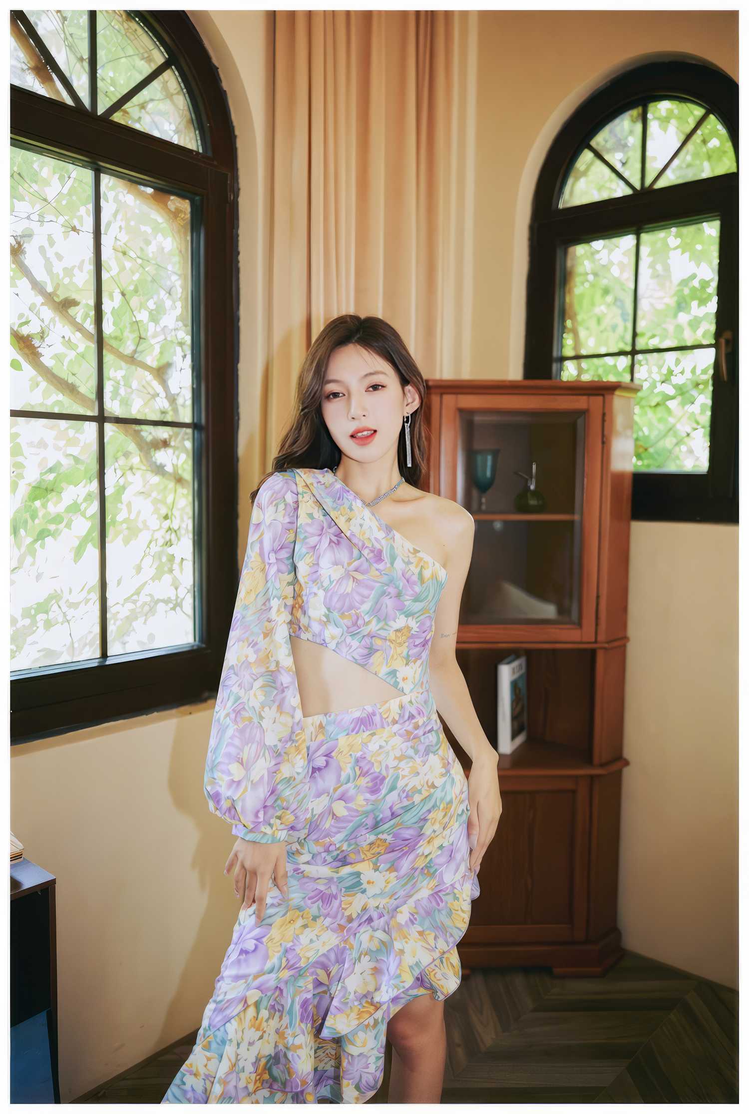 Floral Asymmetrical Cut Out Ruffle Dress