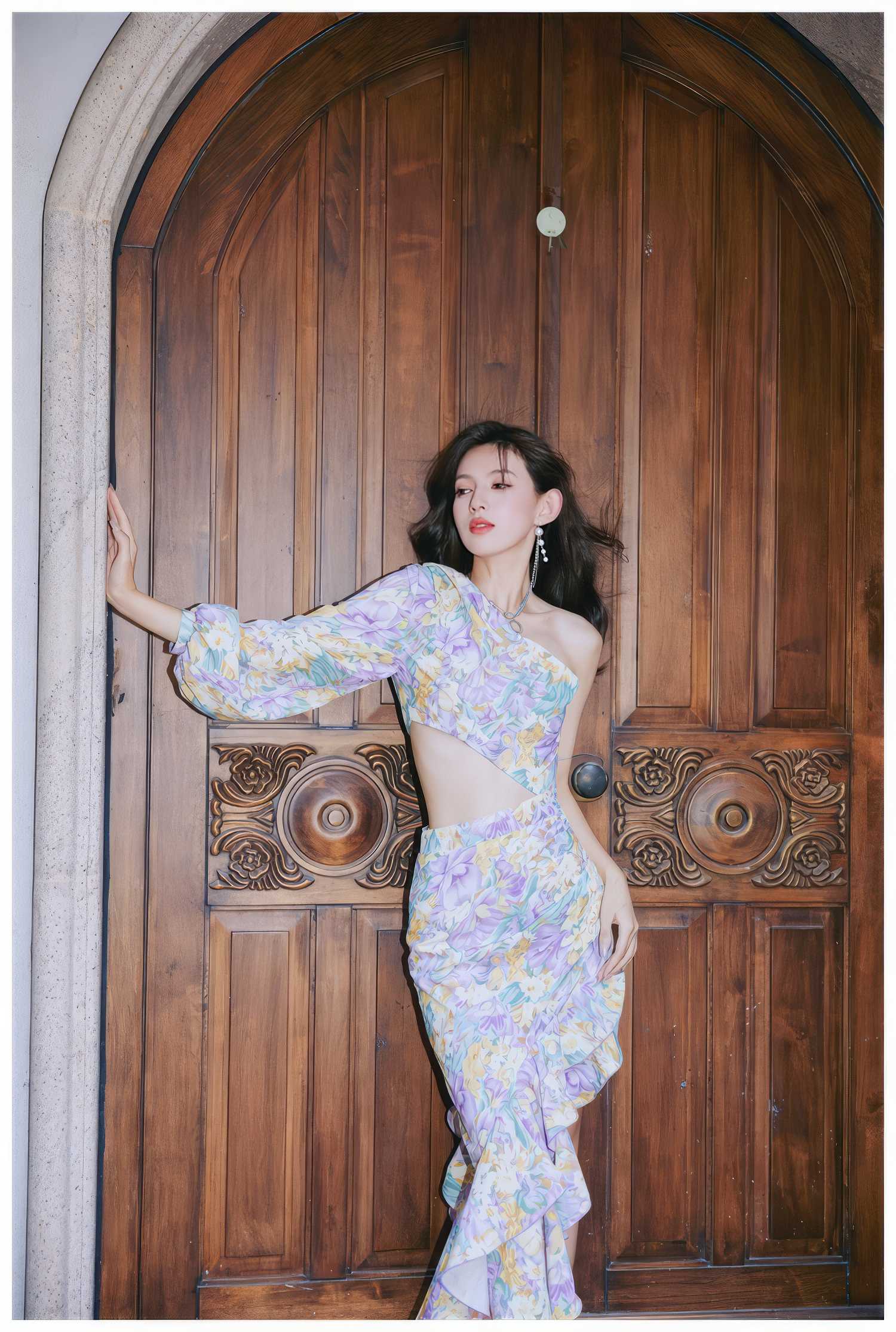 Floral Asymmetrical Cut Out Ruffle Dress