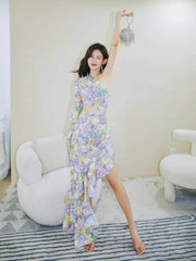 Floral Asymmetrical Cut Out Ruffle Dress