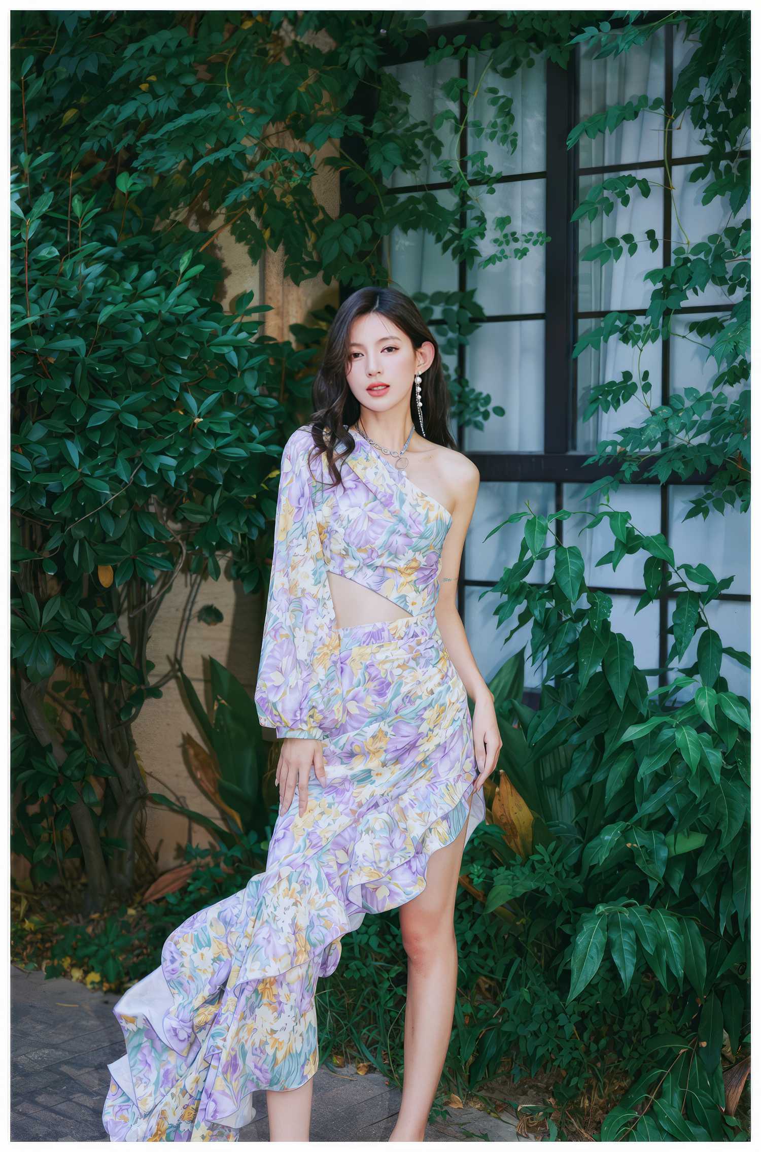Floral Asymmetrical Cut Out Ruffle Dress
