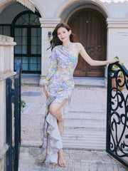 Floral Asymmetrical Cut Out Ruffle Dress