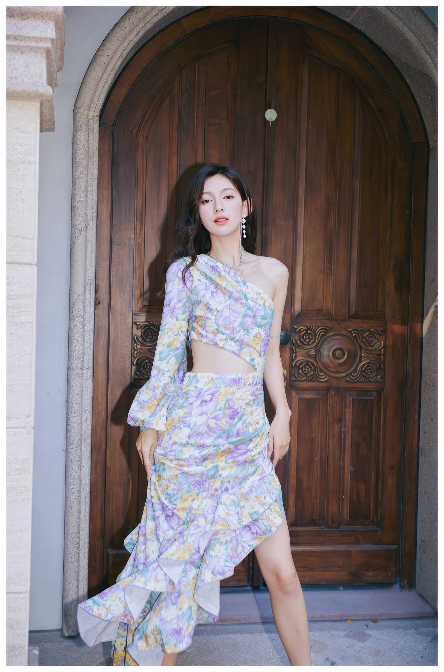 Floral Asymmetrical Cut Out Ruffle Dress