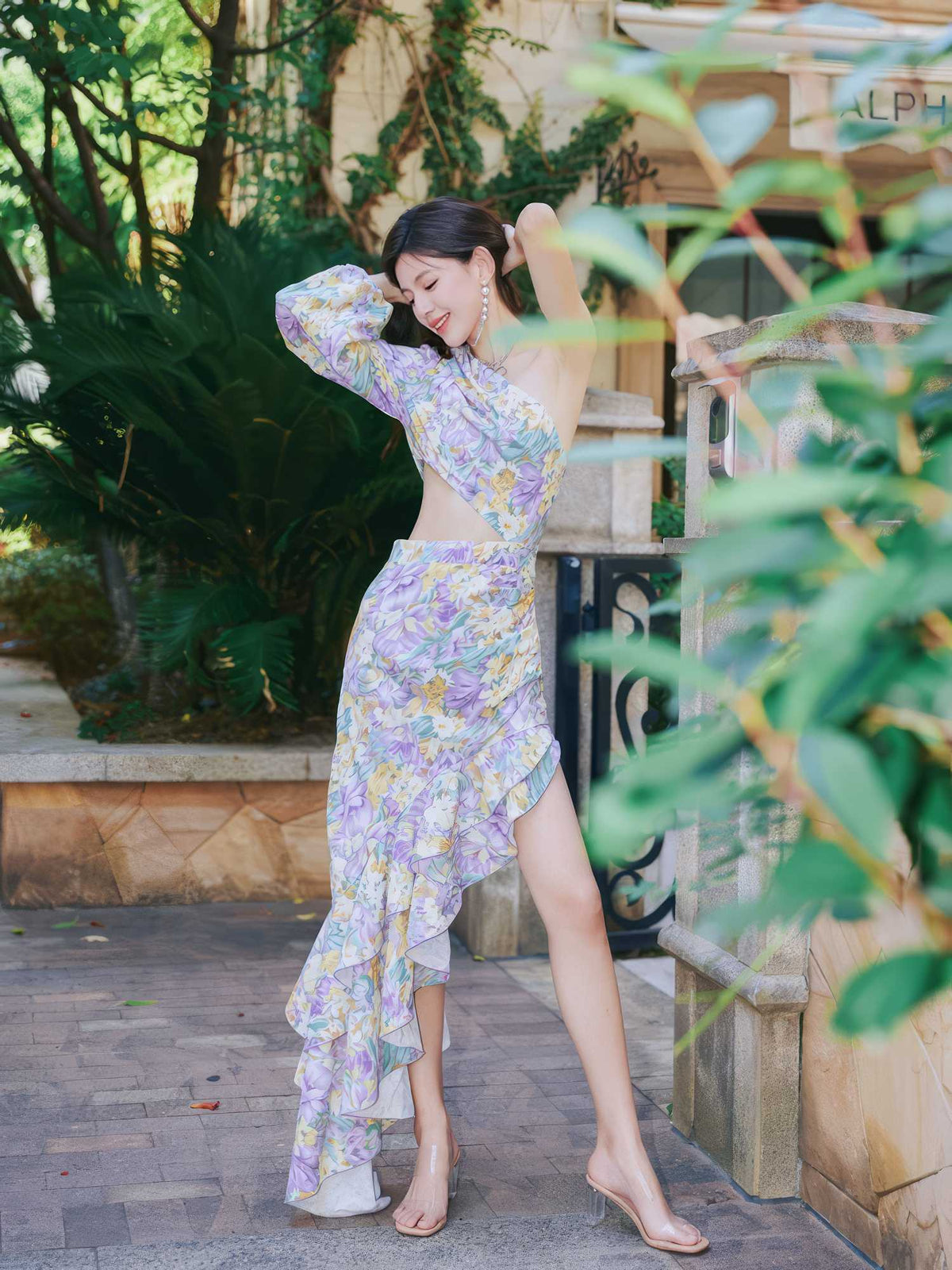 Floral Asymmetrical Cut Out Ruffle Dress S / Plum