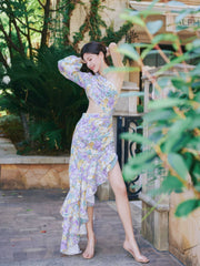 Floral Asymmetrical Cut Out Ruffle Dress S / Plum
