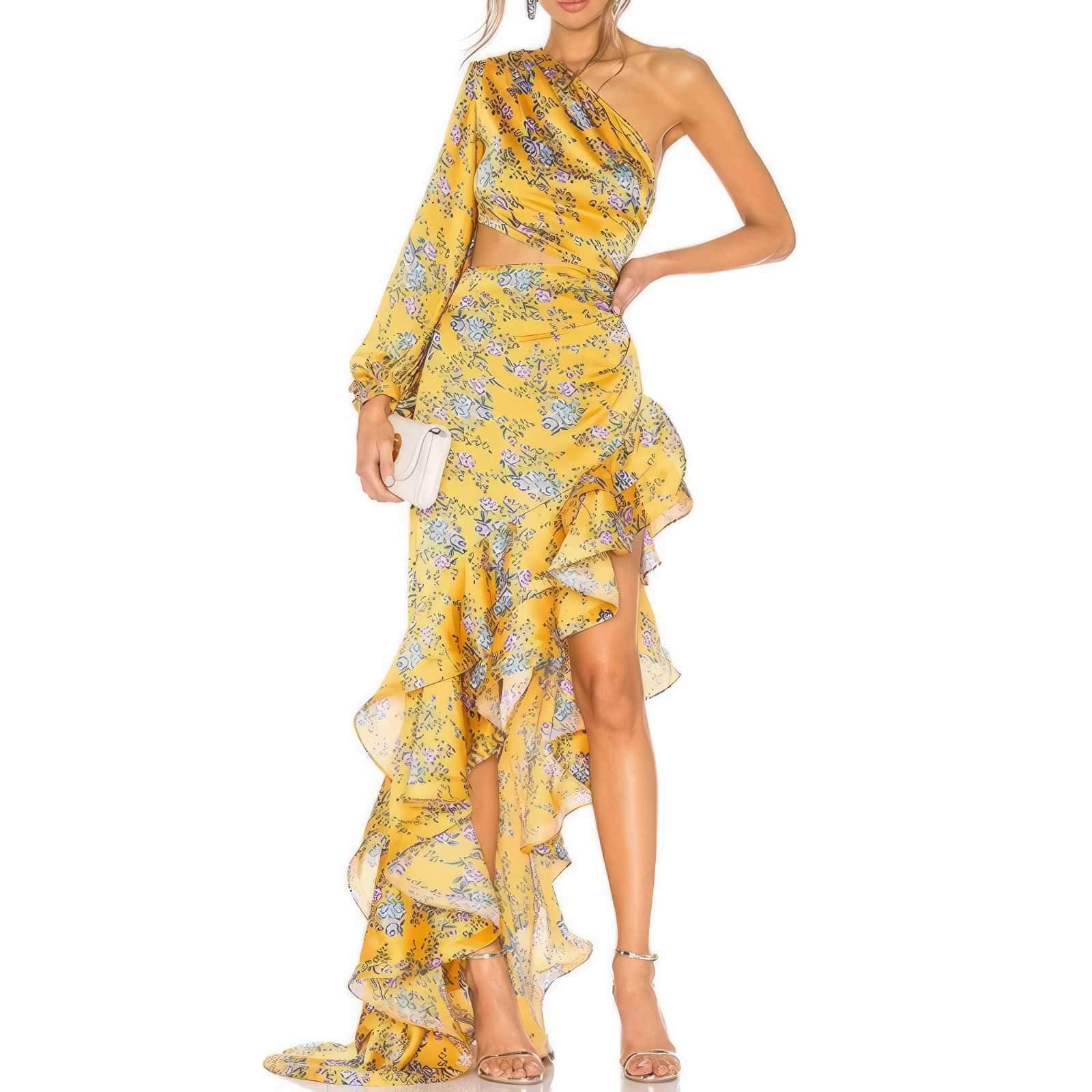 Floral Asymmetrical Cut Out Ruffle Dress S / Yellow
