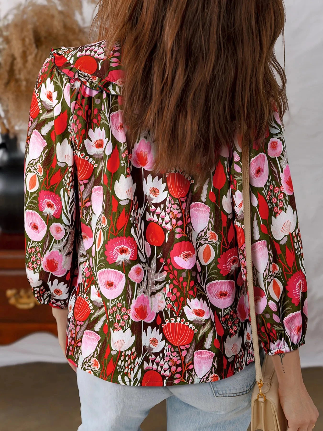Floral Balloon Sleeve Tie Neck Blouse