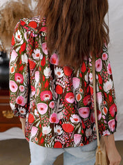 Floral Balloon Sleeve Tie Neck Blouse
