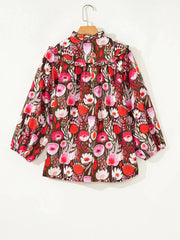 Floral Balloon Sleeve Tie Neck Blouse