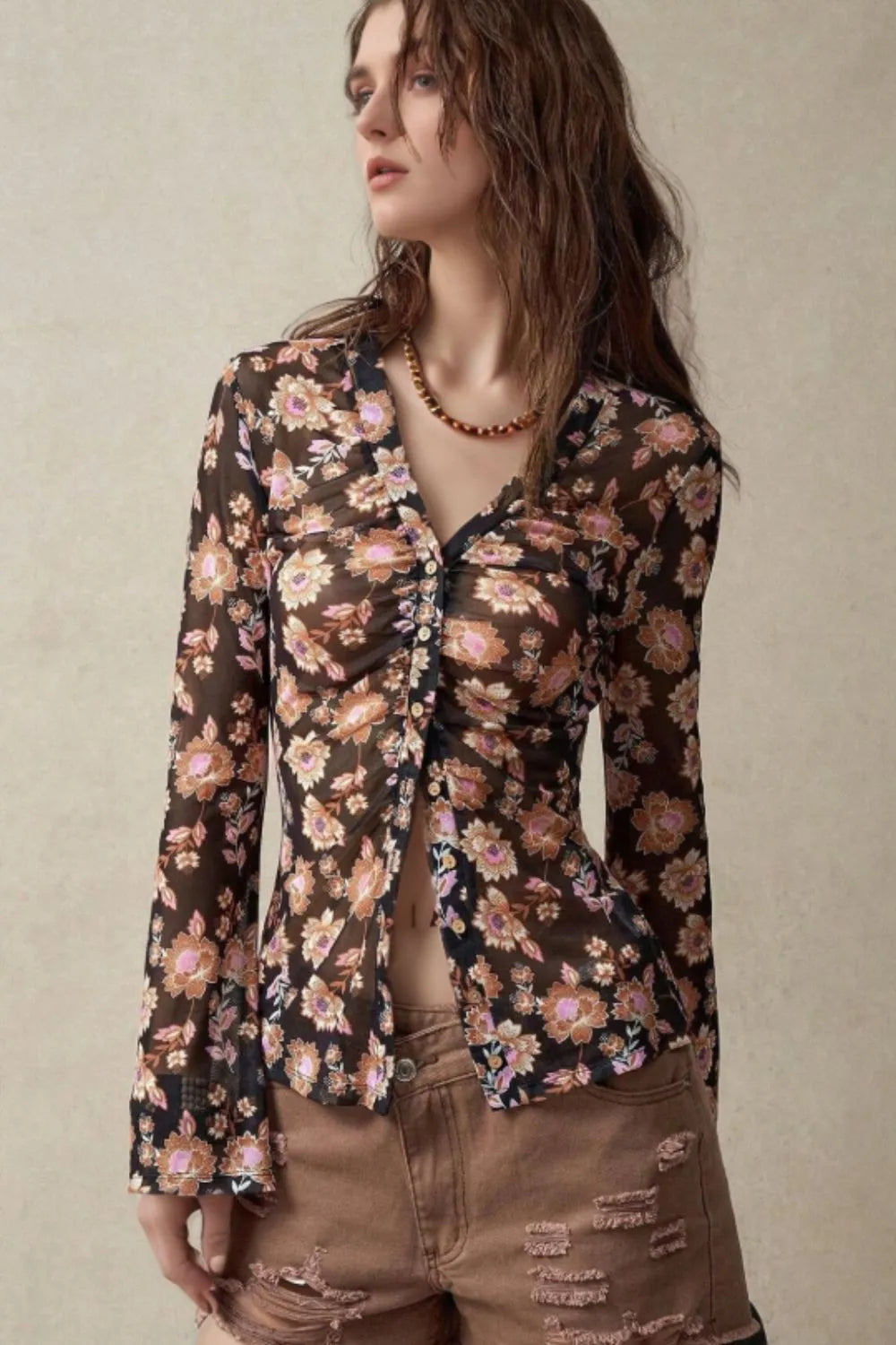 Floral  Button-Front Shirt with Bell Sleeves Black / S