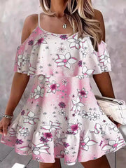 Floral Cold Shoulder Ruffle Mini Dress Pink / S