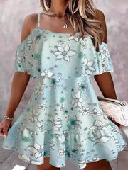 Floral Cold Shoulder Ruffle Mini Dress Sky Blue / S