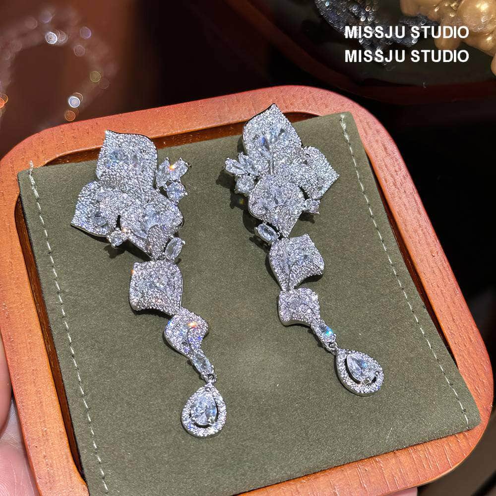 Floral Cutout Rhinestone Dangle Pave Crystal Earrings White