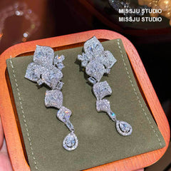 Floral Cutout Rhinestone Dangle Pave Crystal Earrings White