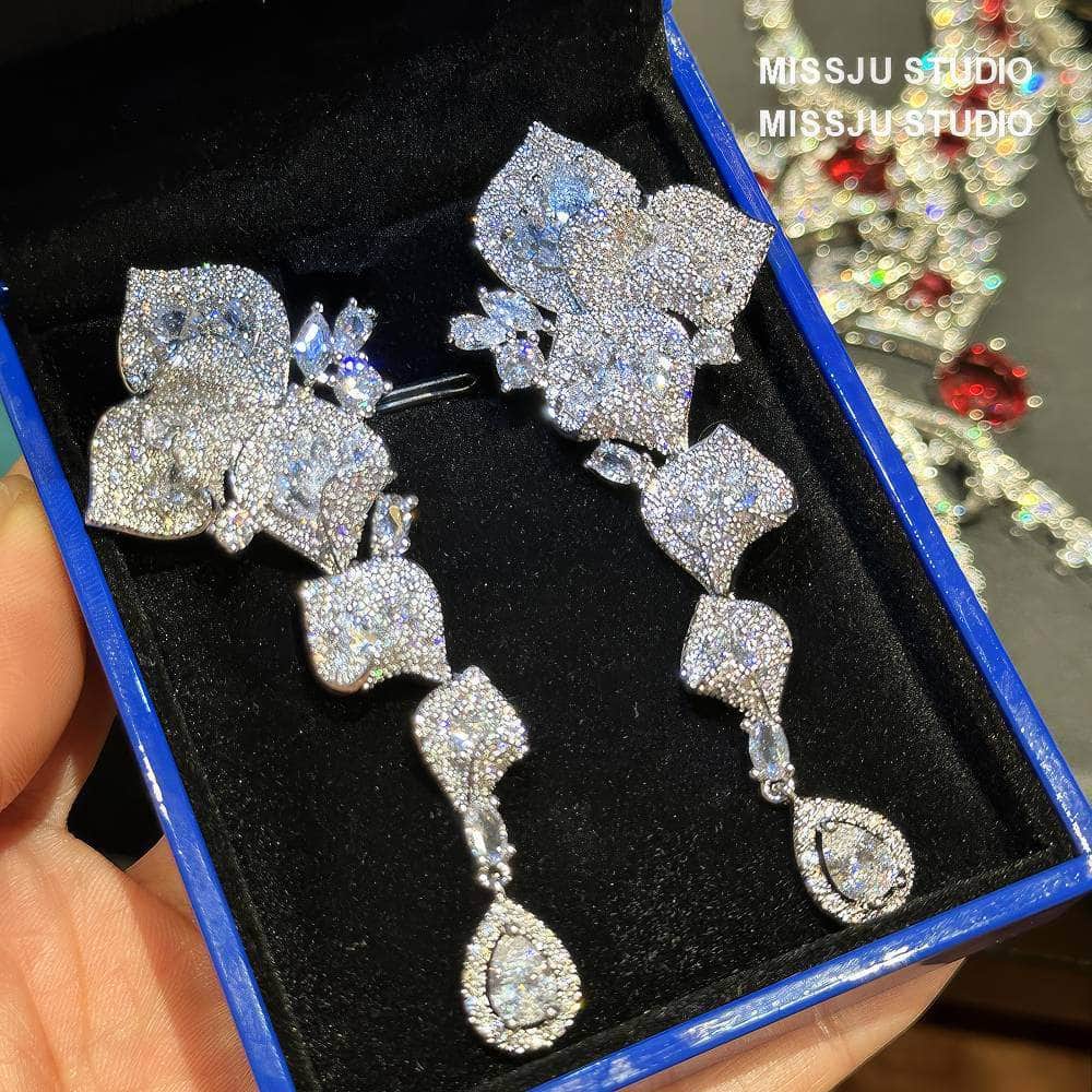 Floral Cutout Rhinestone Dangle Pave Crystal Earrings White