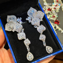 Floral Cutout Rhinestone Dangle Pave Crystal Earrings White