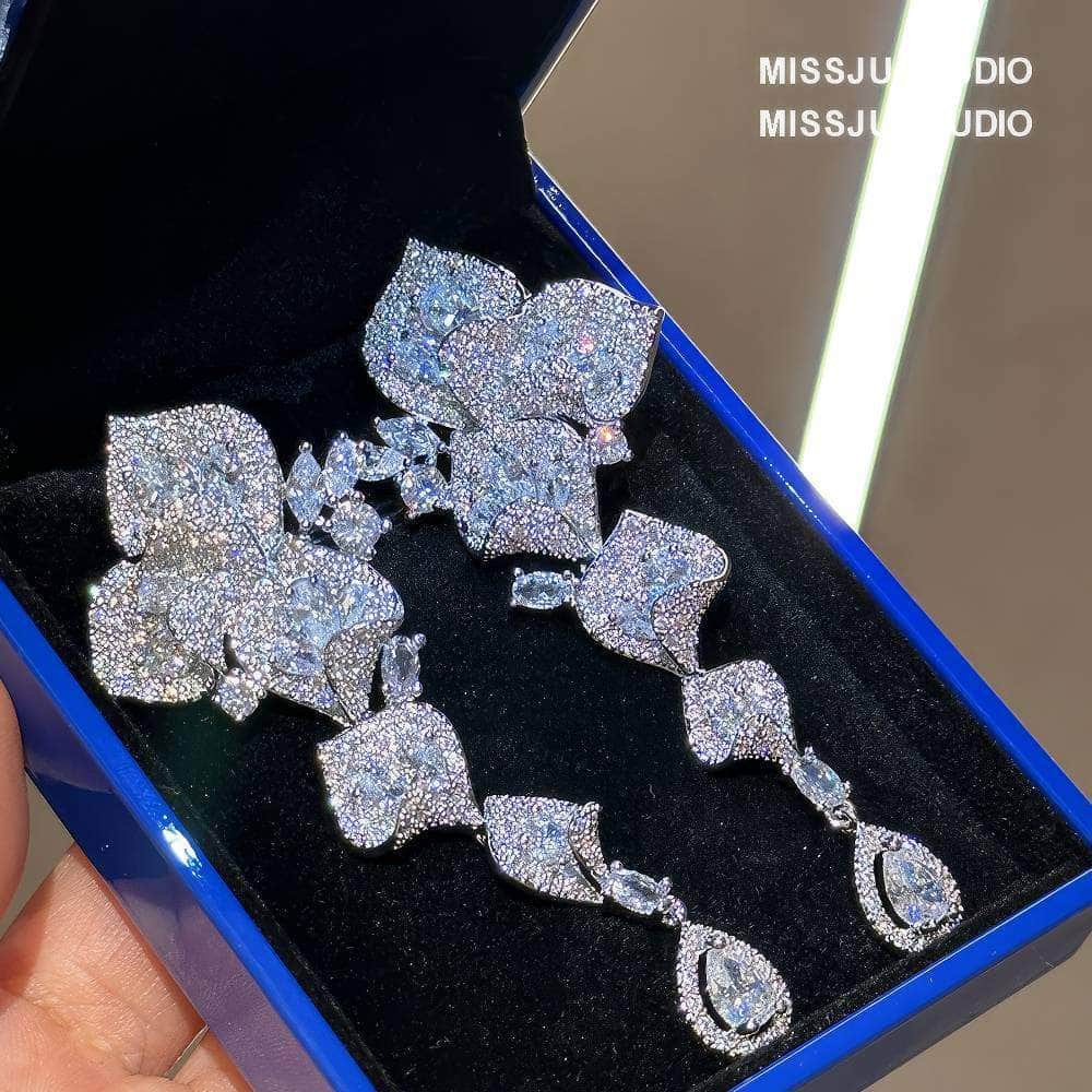 Floral Cutout Rhinestone Dangle Pave Crystal Earrings White