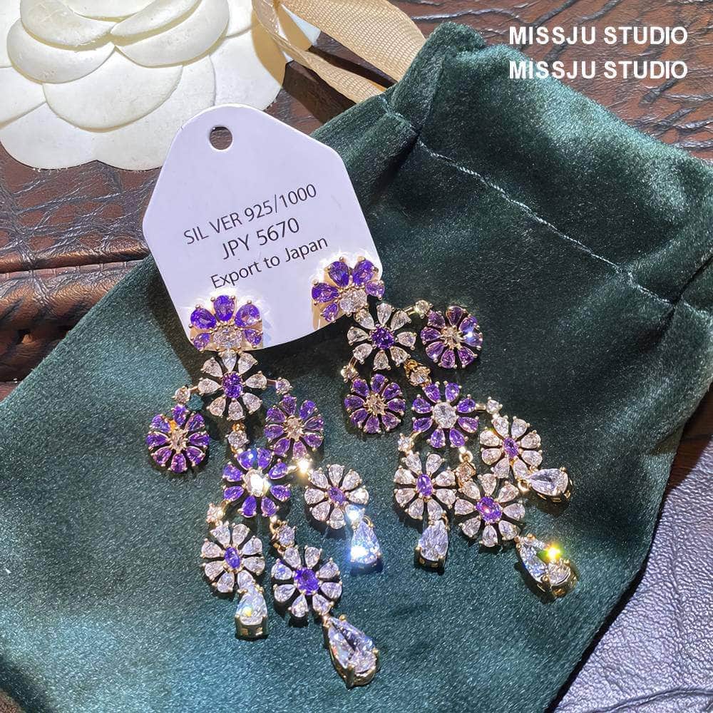 Floral Deco Chandelier Gemstone Crystal Earrings Purple