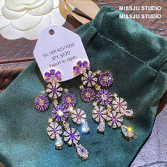 Floral Deco Chandelier Gemstone Crystal Earrings Purple