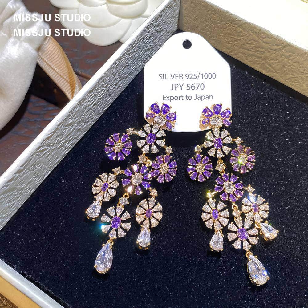 Floral Deco Chandelier Gemstone Crystal Earrings Purple