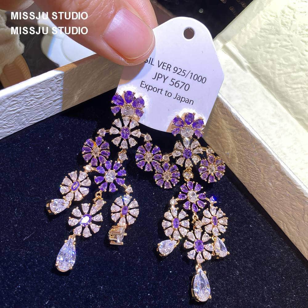 Floral Deco Chandelier Gemstone Crystal Earrings Purple