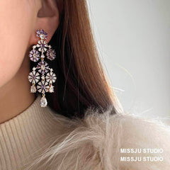 Floral Deco Chandelier Gemstone Crystal Earrings Purple