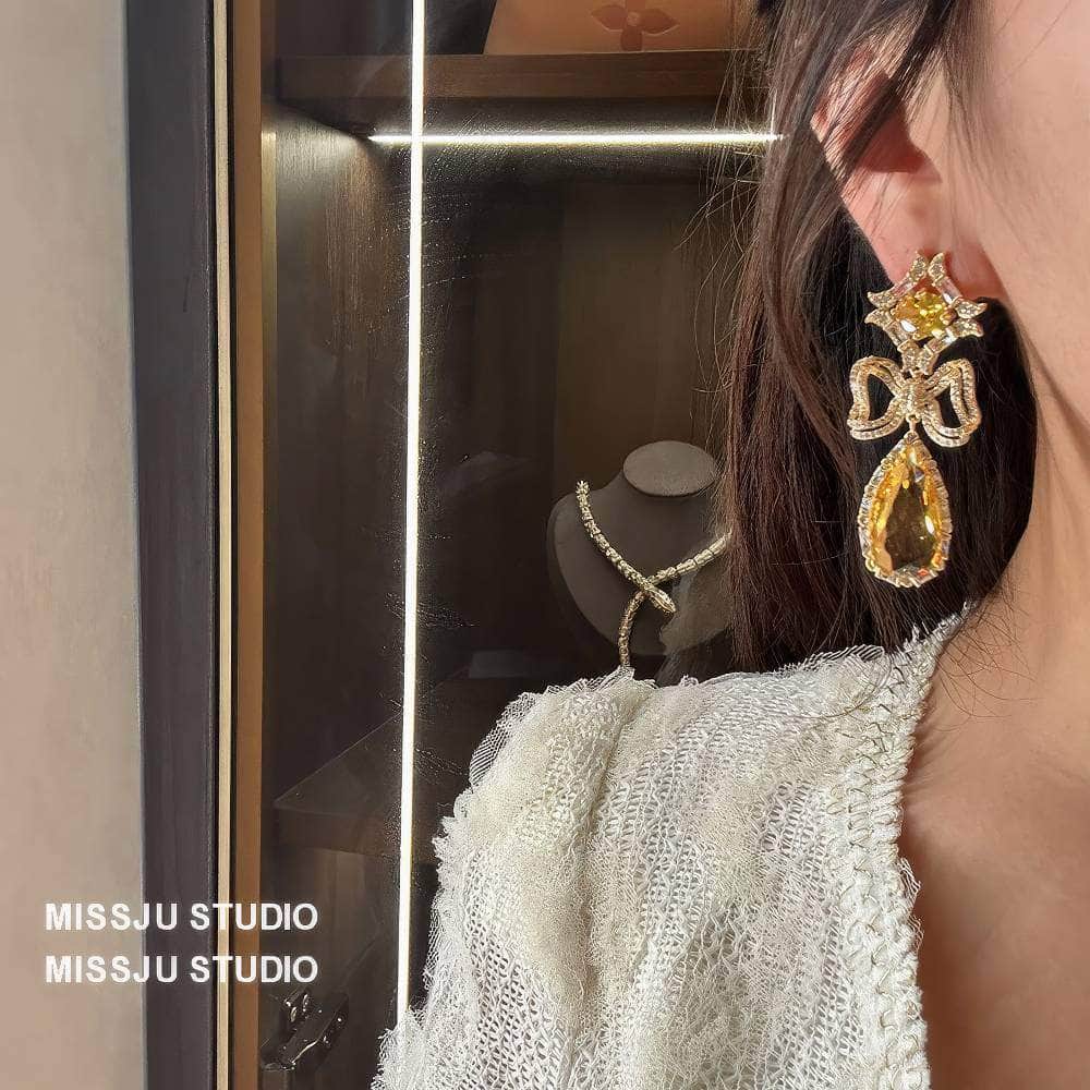 Floral Deco Rhinestone Teardrop Statement Earrings Yellow