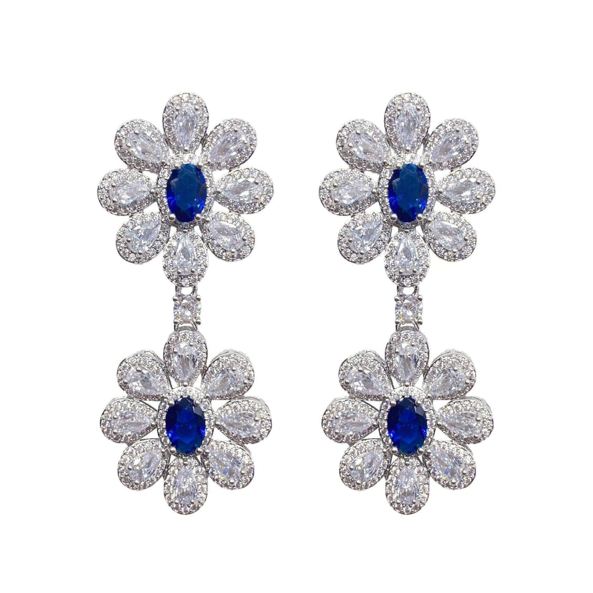 Floral Diamond Imitation Royal Blue Gemstone Dangle Earrings Blue