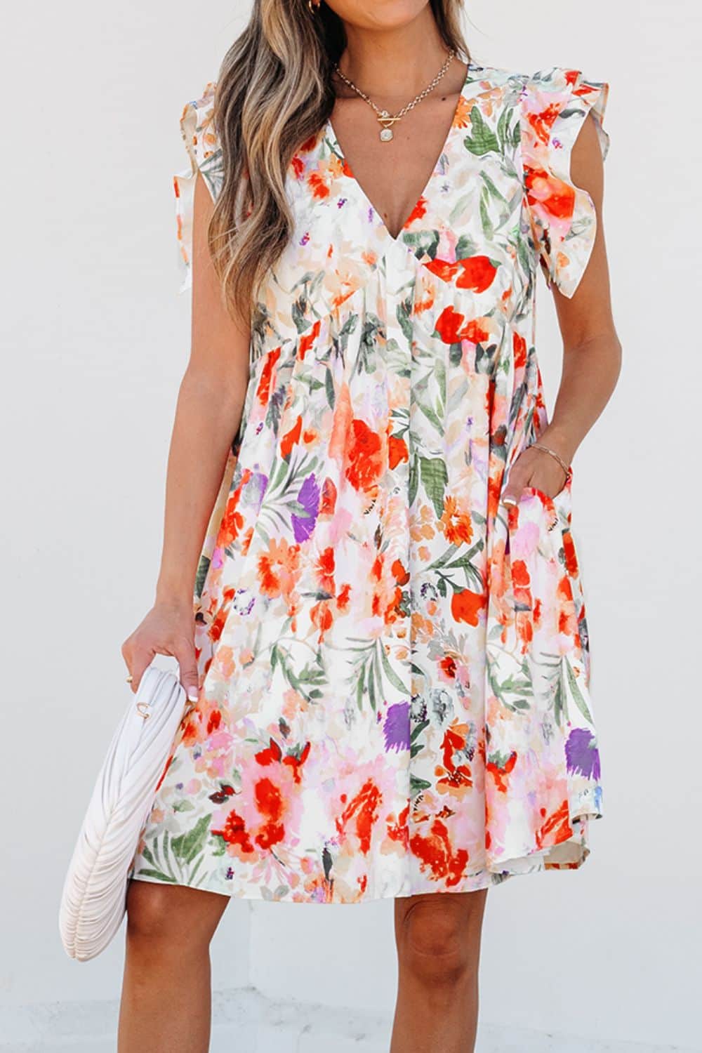 Floral Double Ruffle Sleeve V Neck Mini Dress