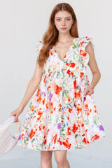 Floral Double Ruffle Sleeve V Neck Mini Dress