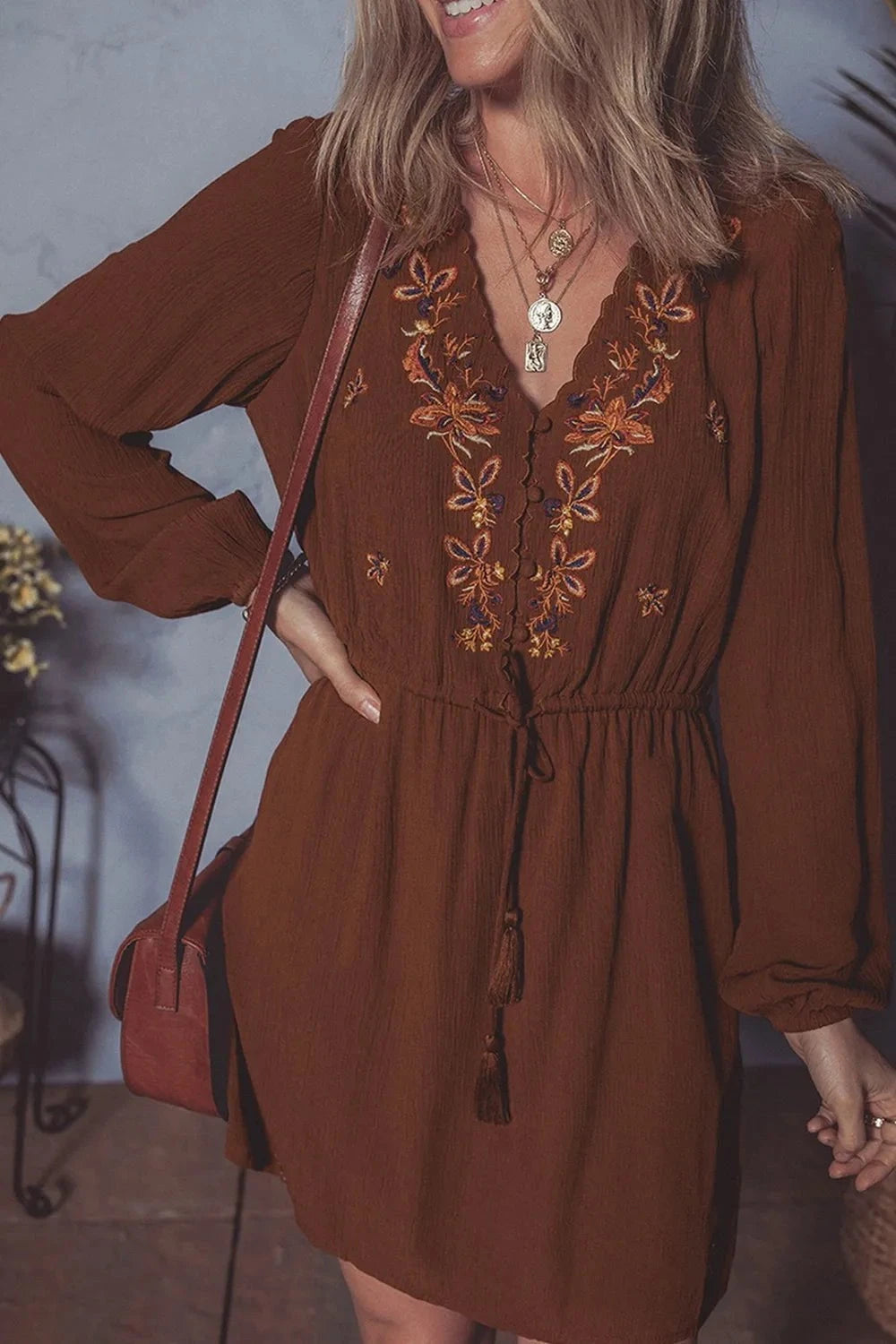 Floral  Embroidered Long Sleeve Mini Dress