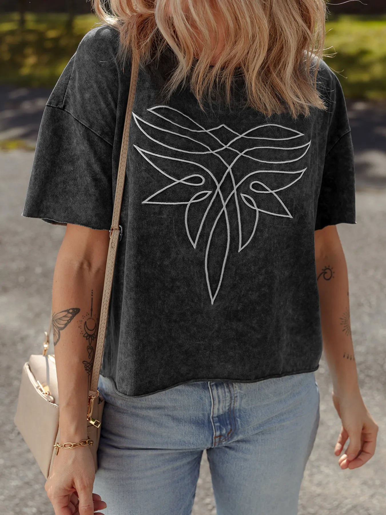 Floral Embroidered Mineral Wash Crew Neck T Shirt