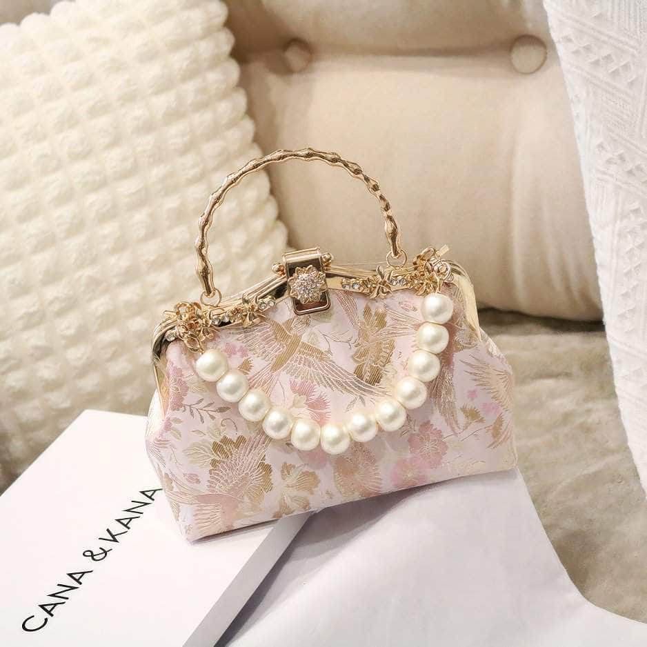 Floral Embroidered Pearl Deco Top Handle Purse LightPink