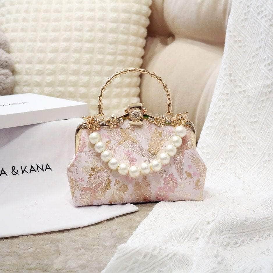 Floral Embroidered Pearl Deco Top Handle Purse LightPink