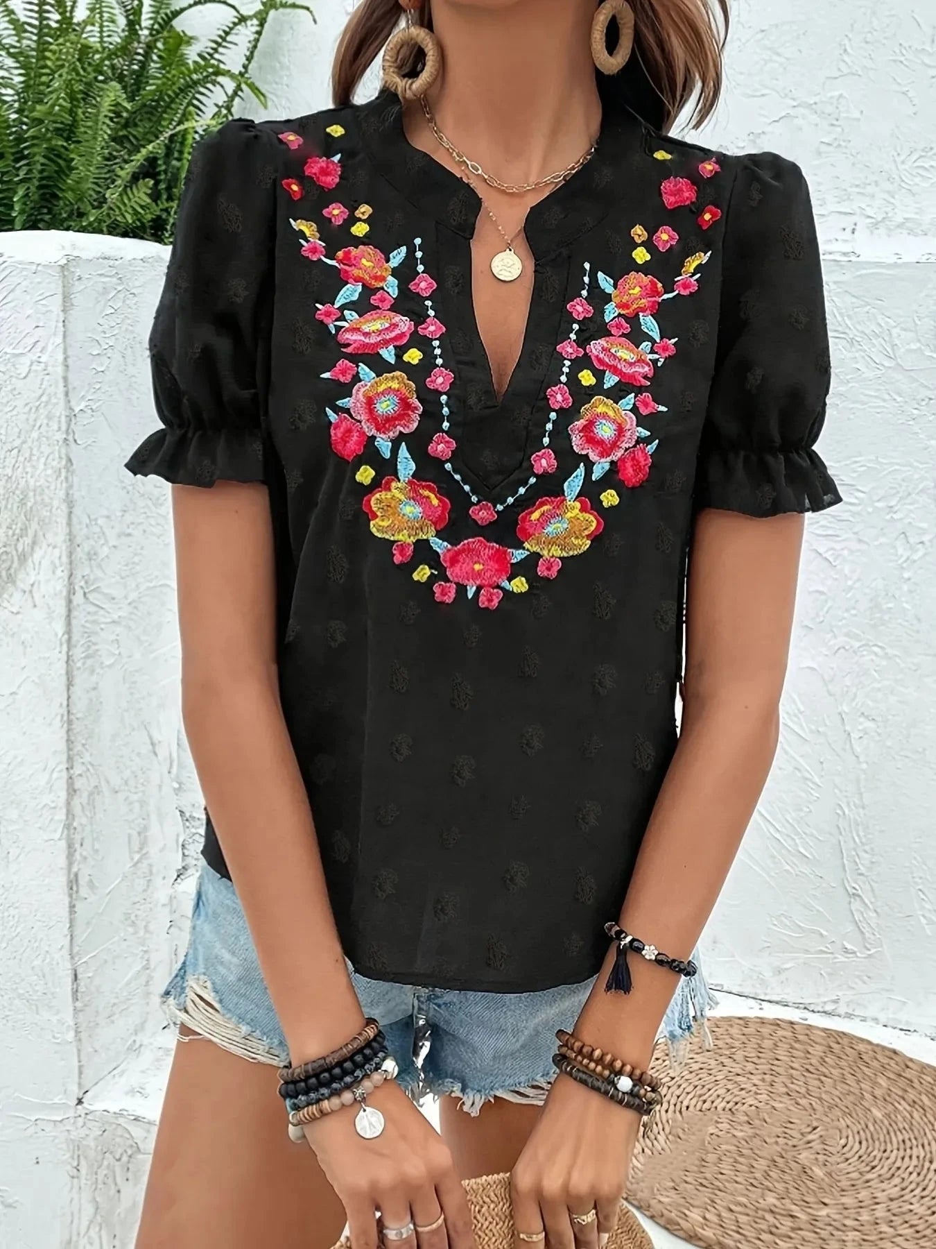 Floral Embroidered Puff Sleeve Blouse