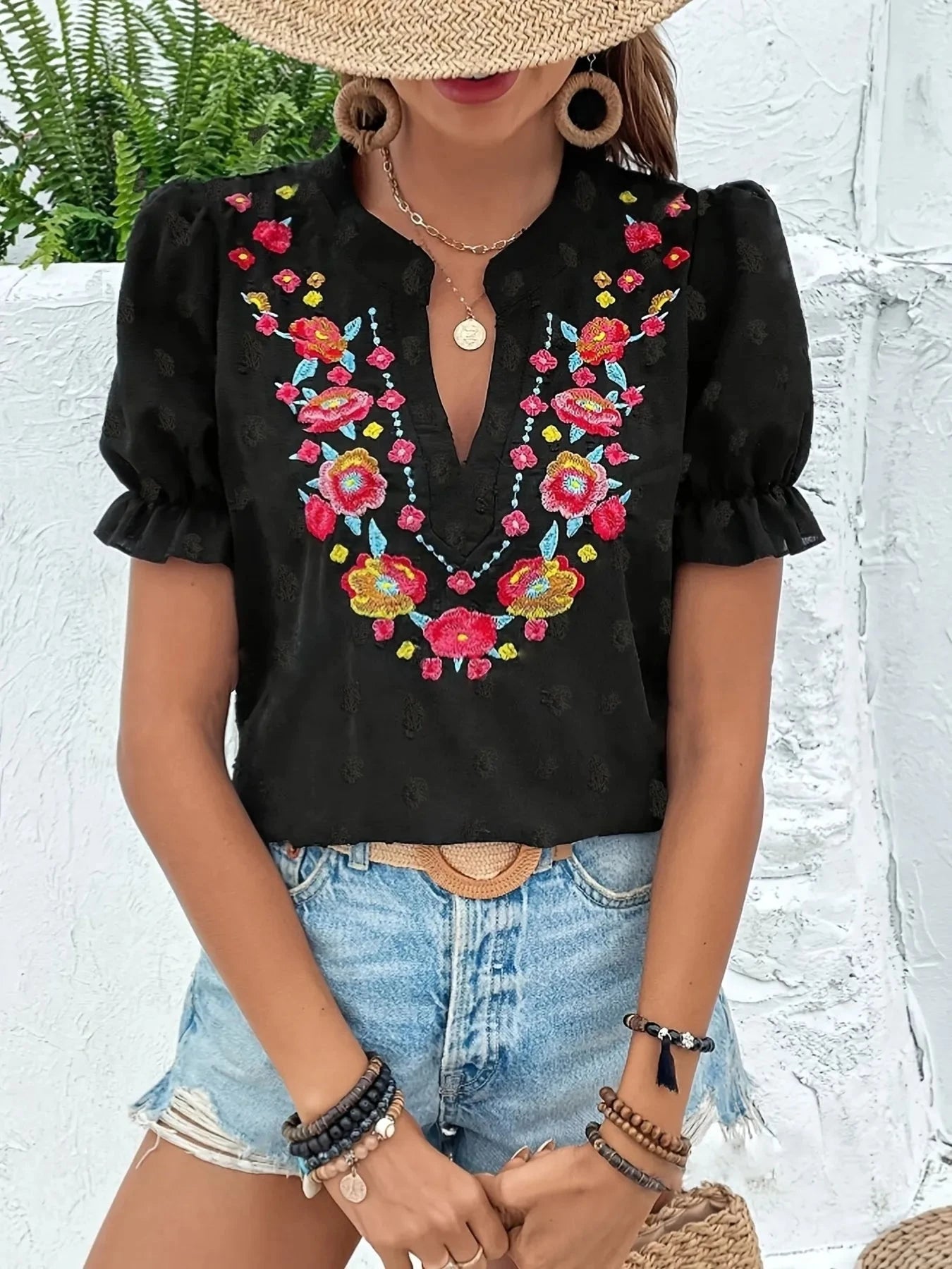 Floral Embroidered Puff Sleeve Blouse