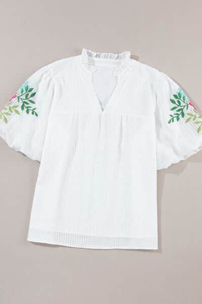 Floral Embroidered Puff Sleeve Notched Blouse